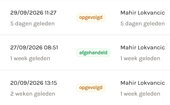 Drie vragen in de lijst van ons programma: per vraag wanneer ze binnenkwam, hoe ver ze staat en wie ze oppakte.