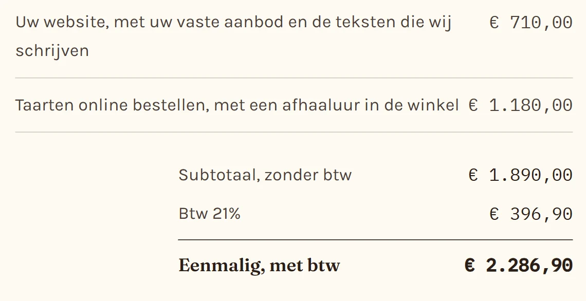 Het prijsblok van een offerte: per onderdeel een vaste prijs, het subtotaal zonder btw, de btw en het eenmalige bedrag met btw.