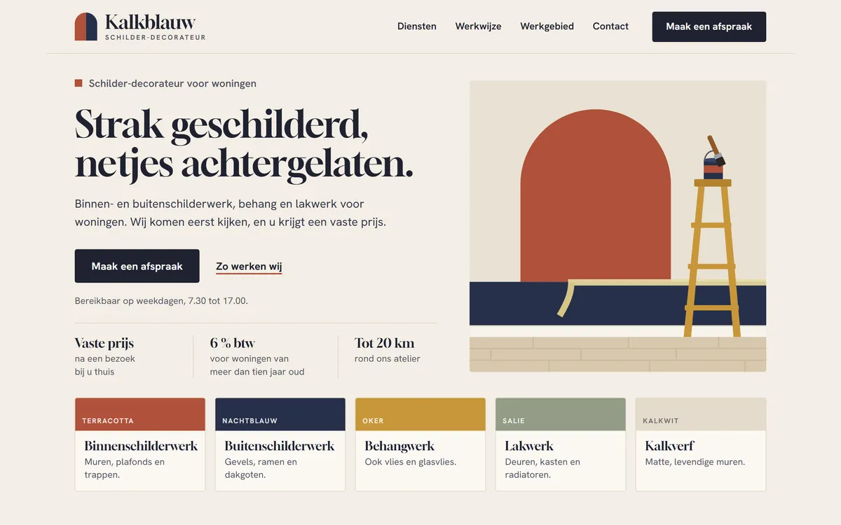 Startpagina van een tweede ontwerp: een schilder, met een grote titel, een knop om een afspraak te maken en een tekening van een geschilderde muur.