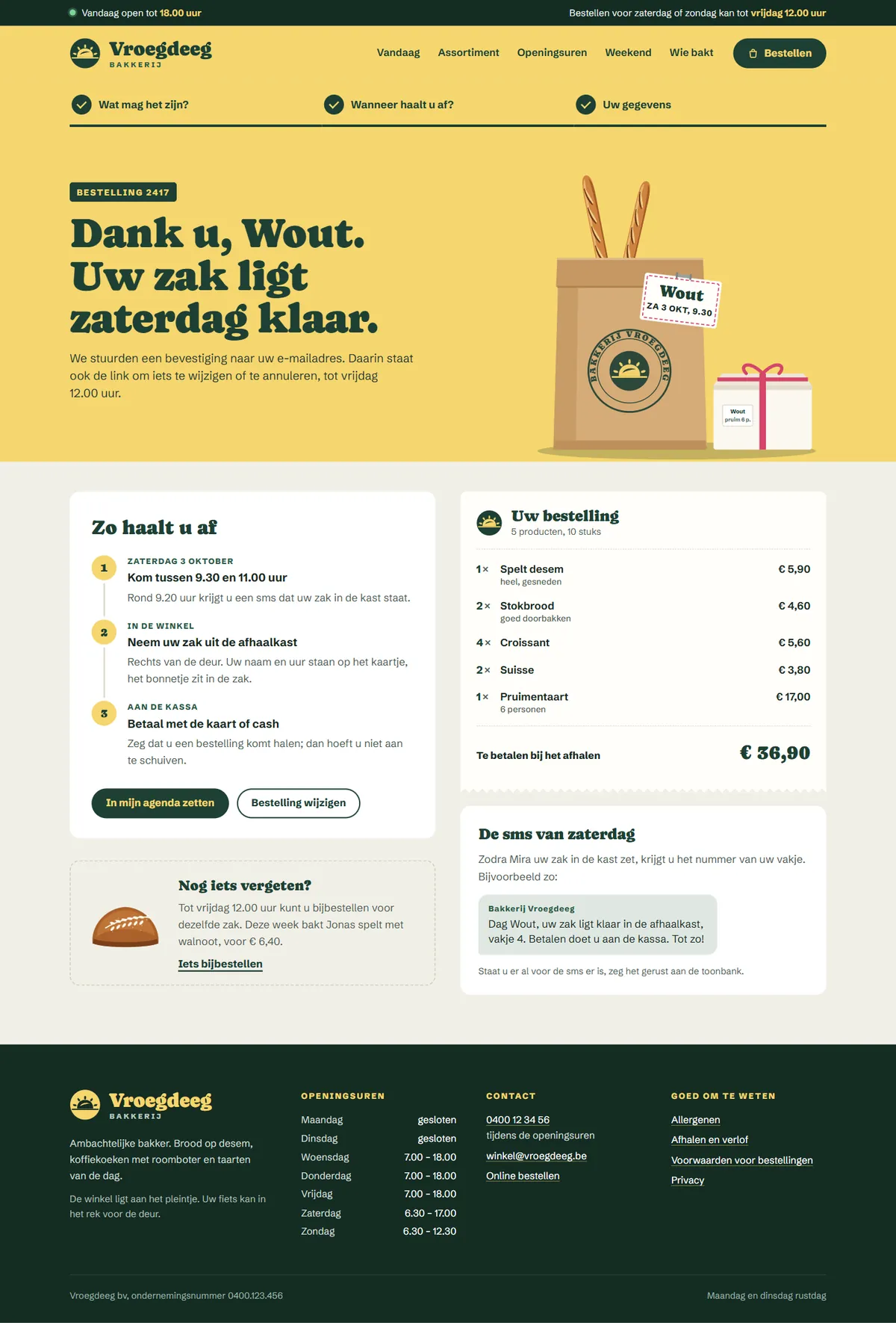 De bevestiging in de website voor een bakkerij, de hele pagina op een groot scherm