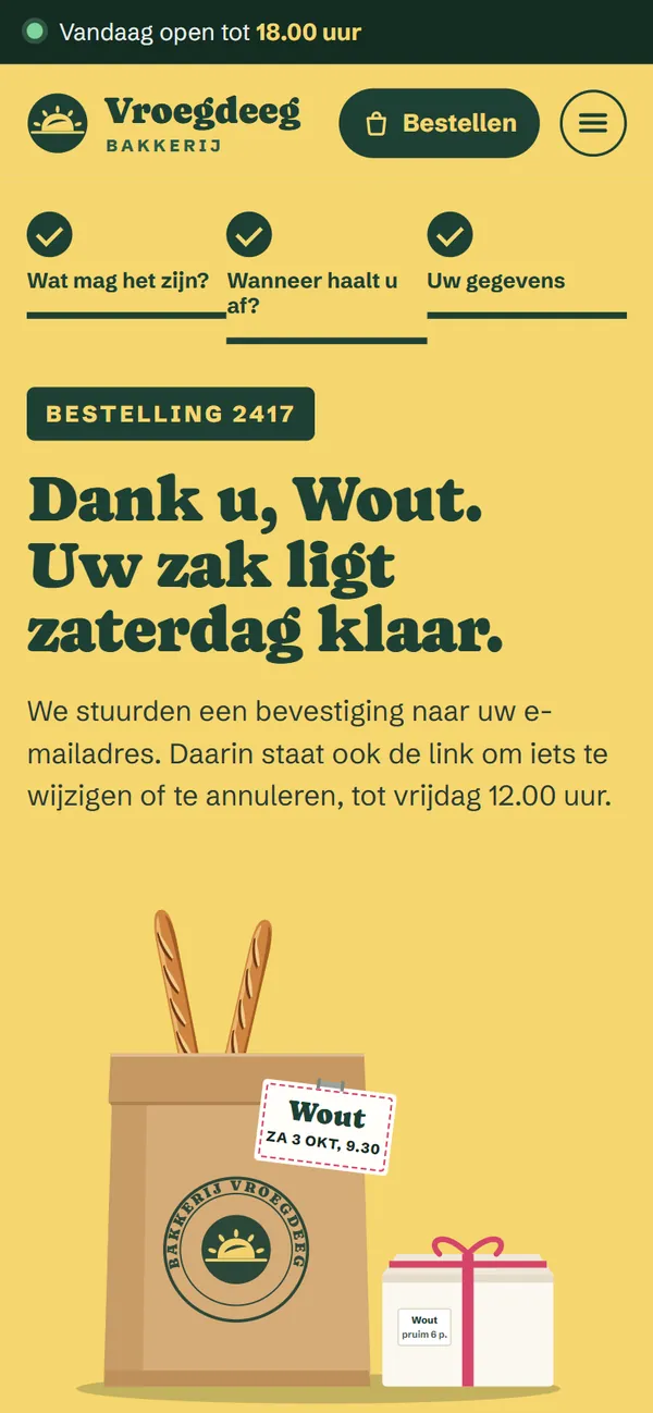 De bevestiging in de website voor een bakkerij, het begin van de pagina op een gsm