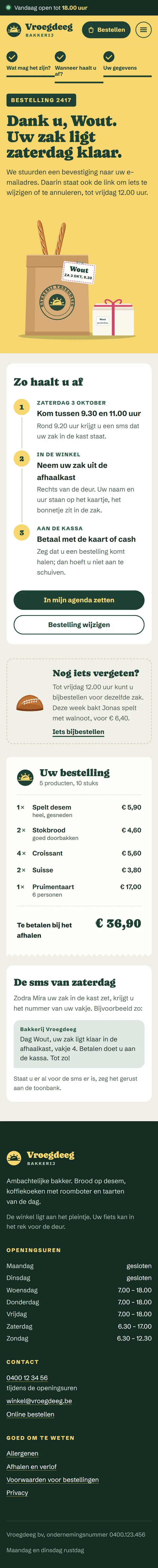 De bevestiging in de website voor een bakkerij, de hele pagina op een gsm