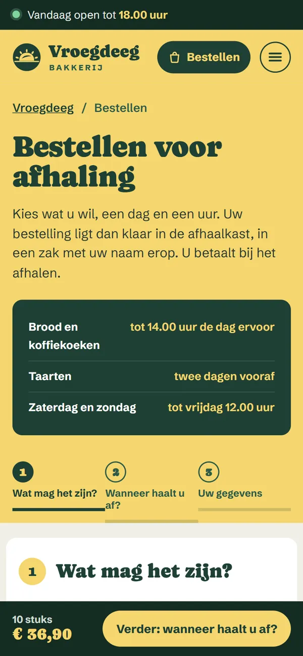 Bestellen voor afhaling in de website voor een bakkerij, het begin van de pagina op een gsm