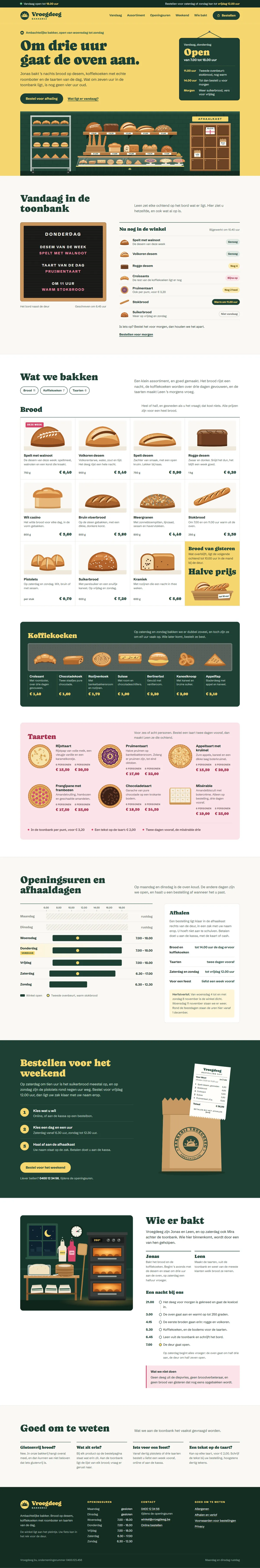 De homepagina in de website voor een bakkerij, de hele pagina op een groot scherm