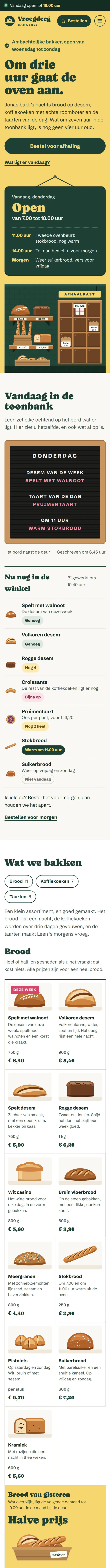 De homepagina in de website voor een bakkerij, het bovenste deel van de pagina op een gsm