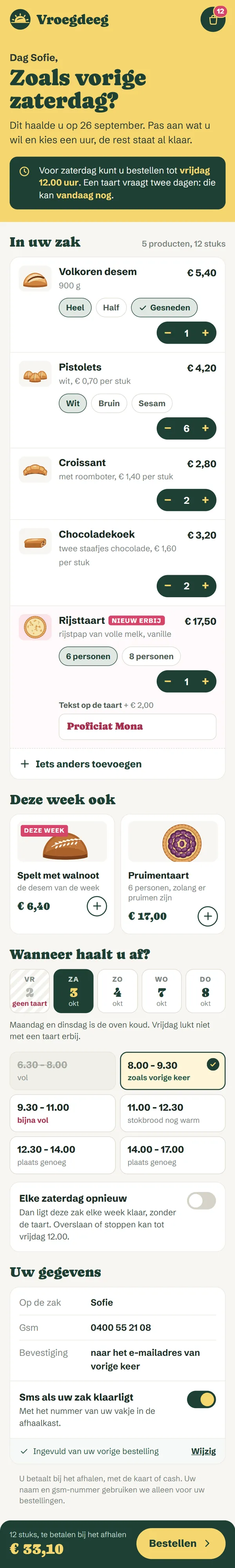 Opnieuw bestellen op de gsm in het programma voor een bakkerij, de hele pagina op een gsm