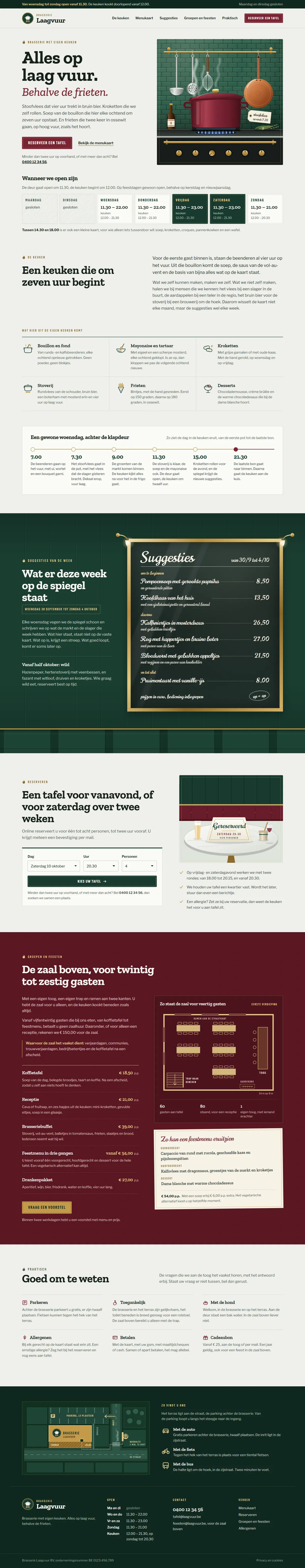 De homepagina in de website voor een restaurant, de hele pagina op een groot scherm