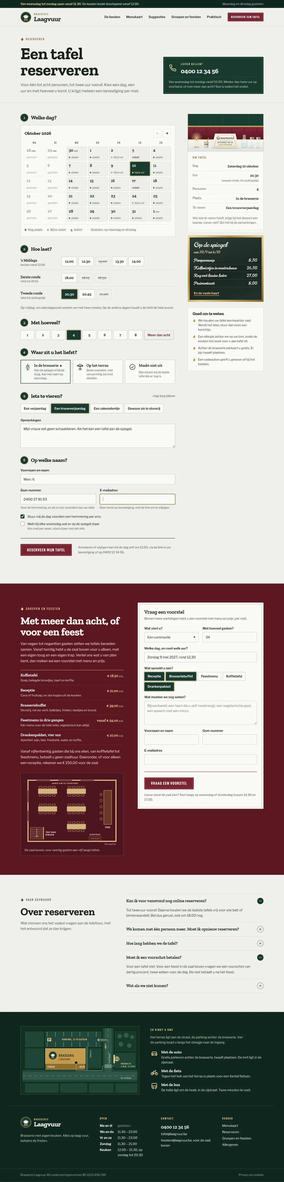Een tafel reserveren in de website voor een restaurant, de hele pagina op een groot scherm