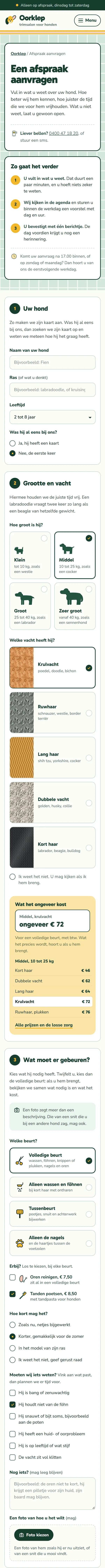 Een afspraak aanvragen in de website voor een hondentrimsalon, het bovenste deel van de pagina op een gsm