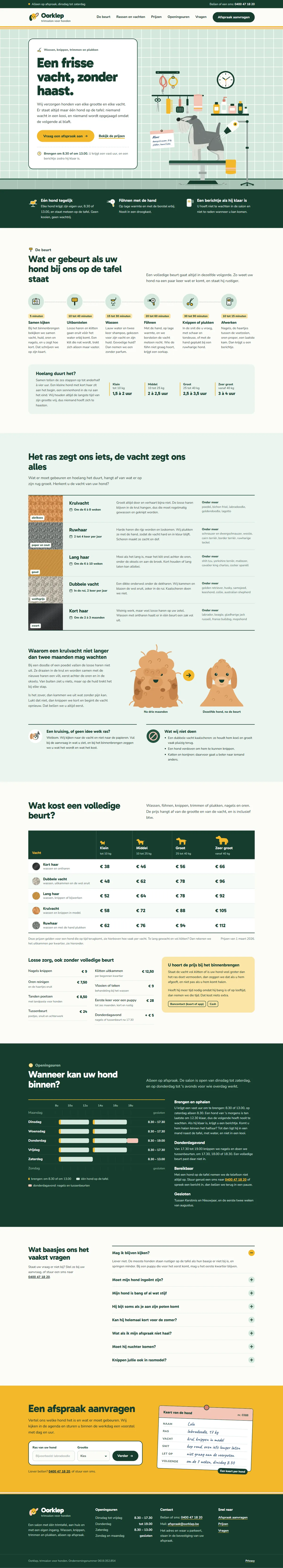 De homepagina in de website voor een hondentrimsalon, de hele pagina op een groot scherm