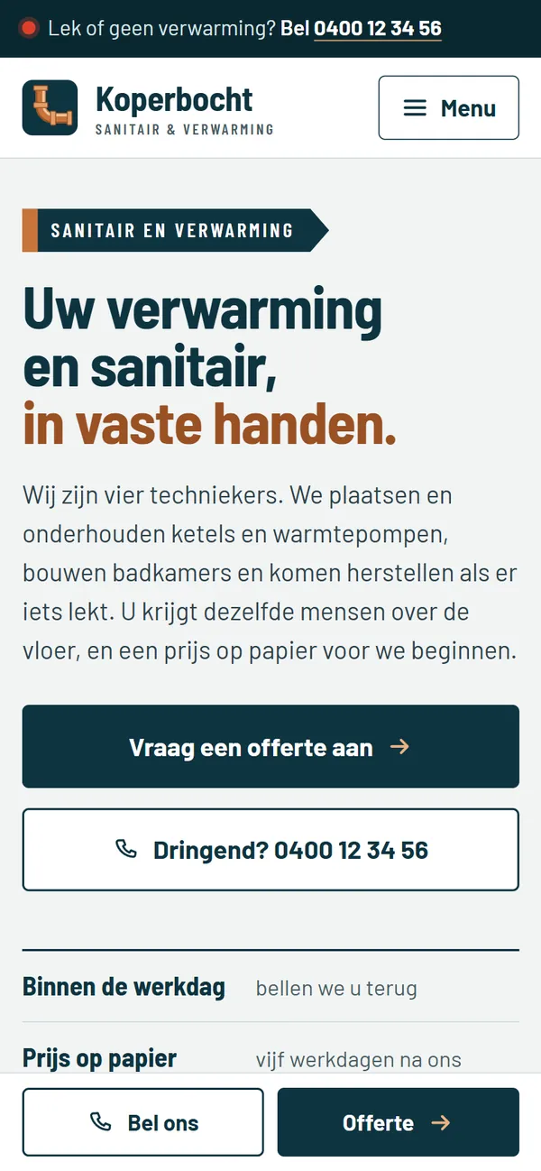 De homepagina in de website voor een loodgieter, het begin van de pagina op een gsm