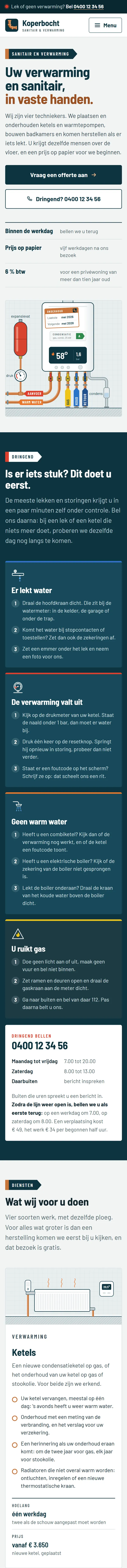 De homepagina in de website voor een loodgieter, het bovenste deel van de pagina op een gsm