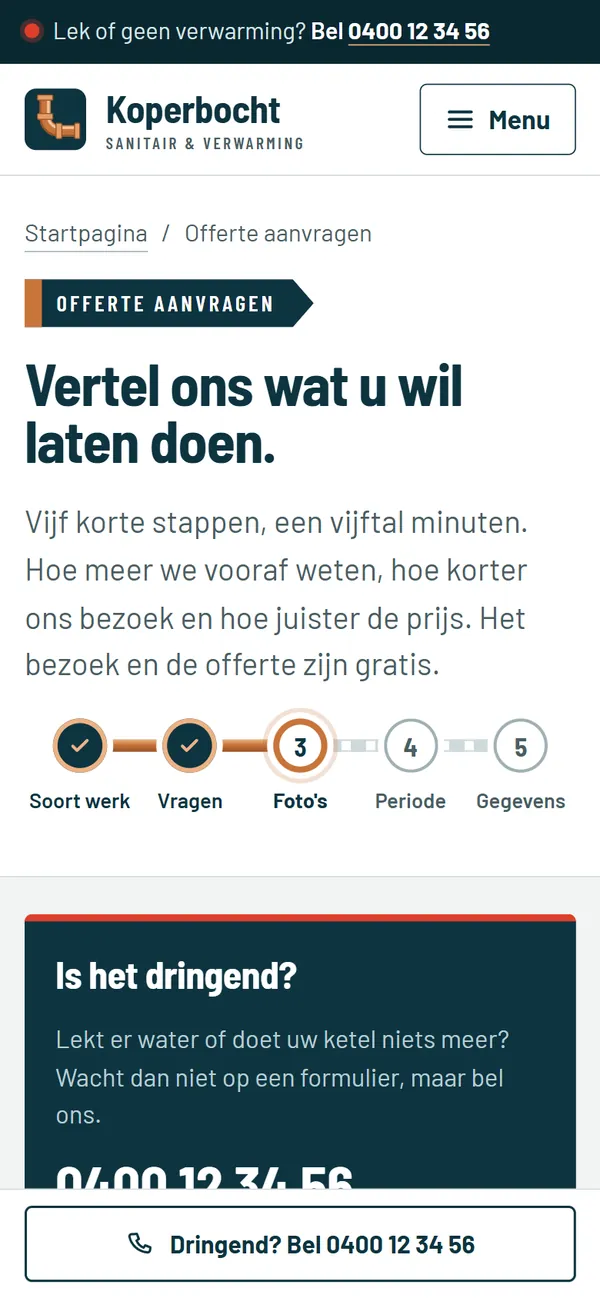 Een offerte aanvragen in de website voor een loodgieter, het begin van de pagina op een gsm