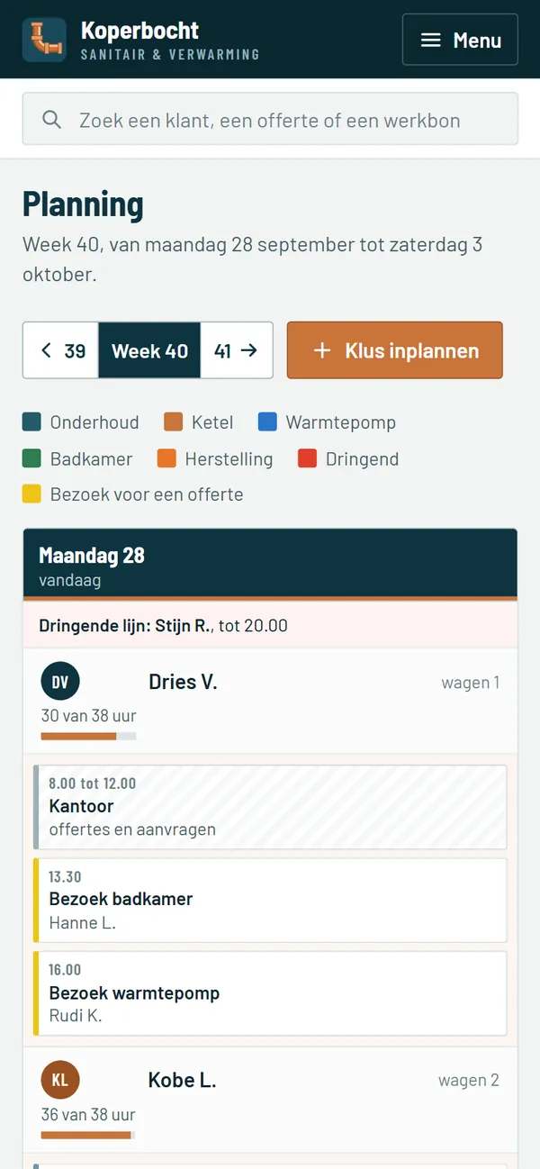 De planning in het programma voor een loodgieter, het begin van de pagina op een gsm