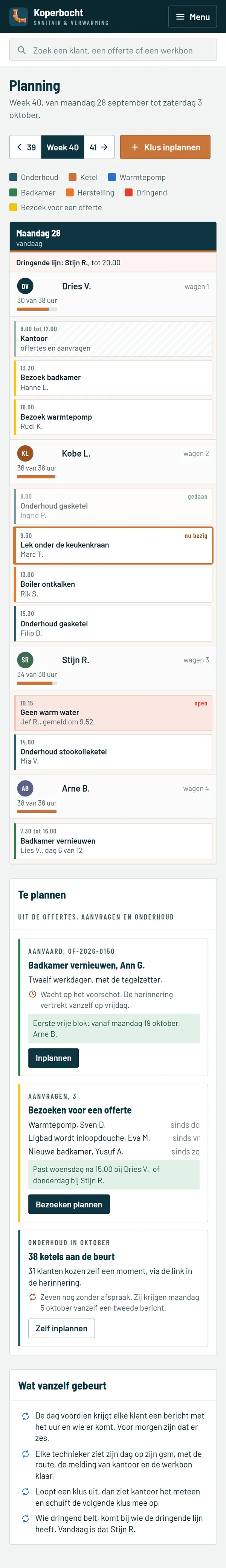 De planning in het programma voor een loodgieter, de hele pagina op een gsm