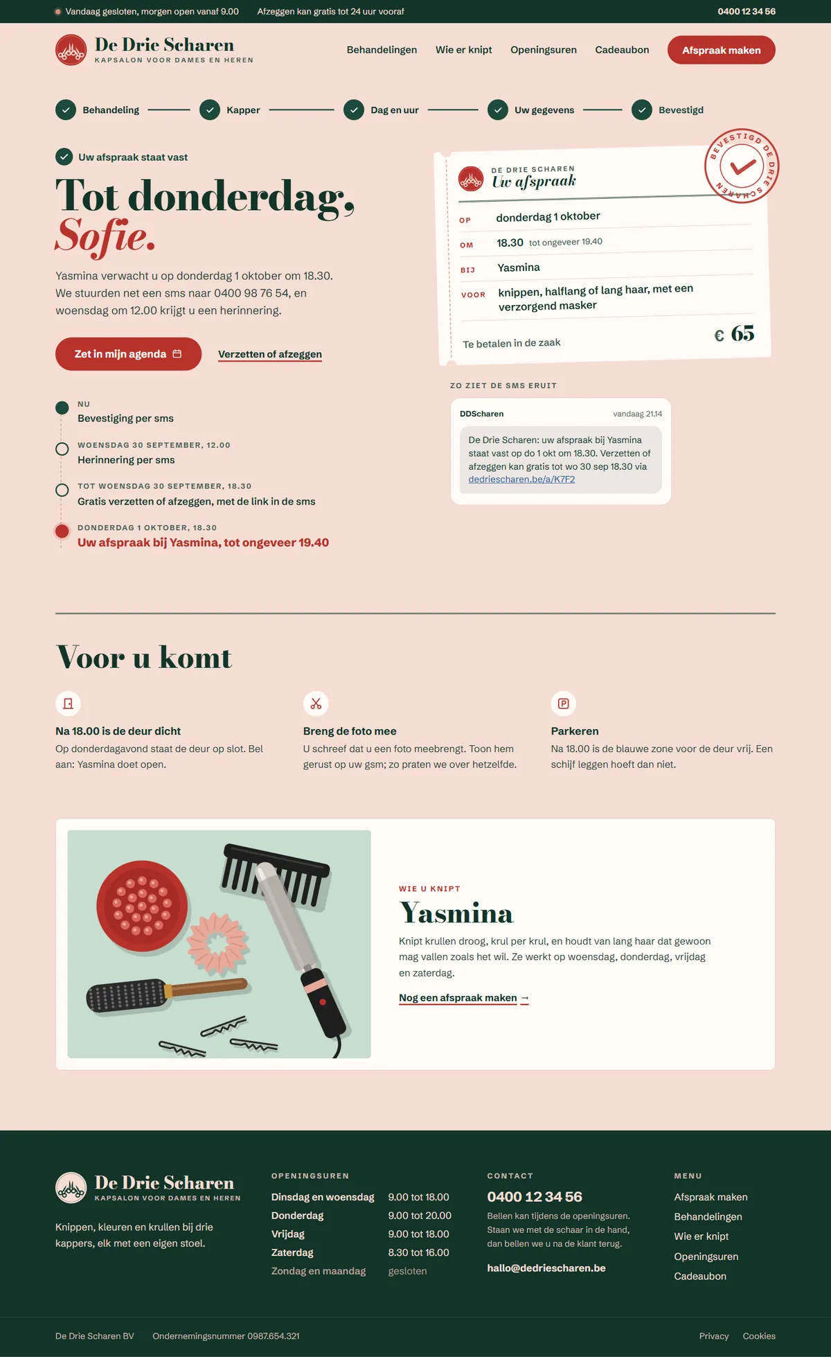 De bevestiging in de website voor een kapsalon, de hele pagina op een groot scherm