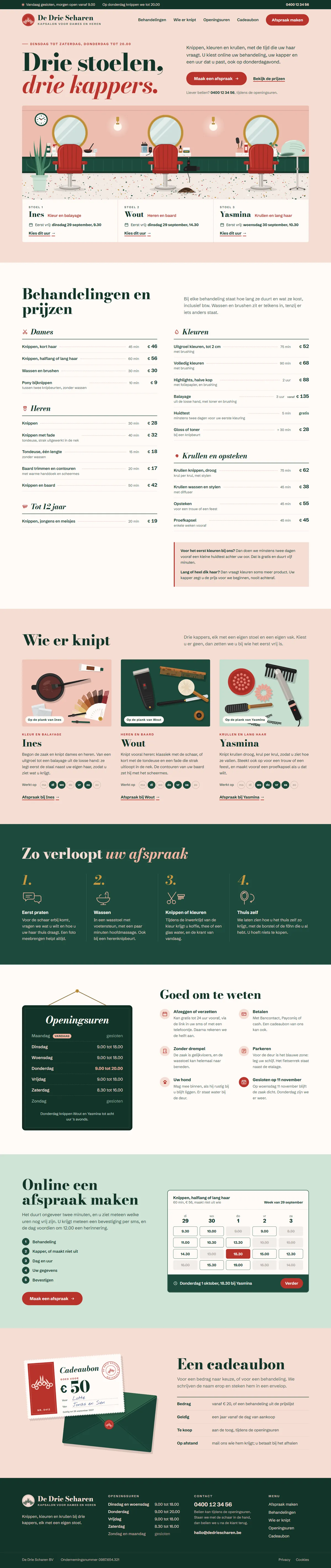 De homepagina in de website voor een kapsalon, de hele pagina op een groot scherm