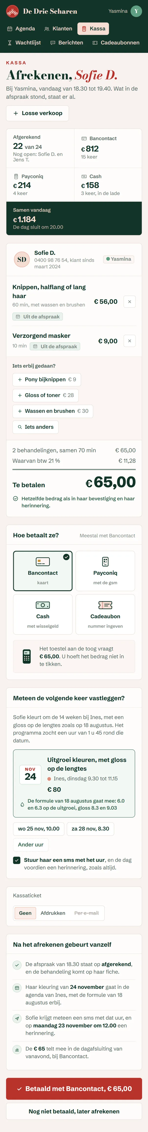 Afrekenen in het programma voor een kapsalon, de hele pagina op een gsm