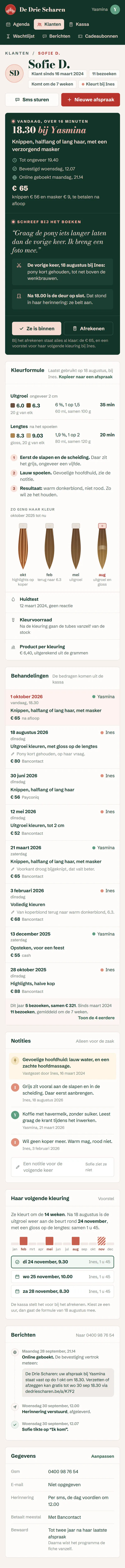 De fiche van één persoon in het programma voor een kapsalon, de hele pagina op een gsm