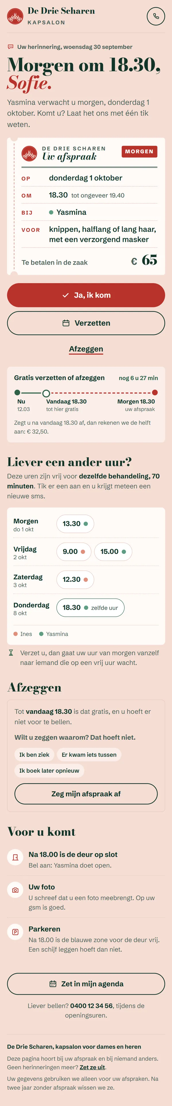 De herinnering op de gsm in het programma voor een kapsalon, de hele pagina op een gsm