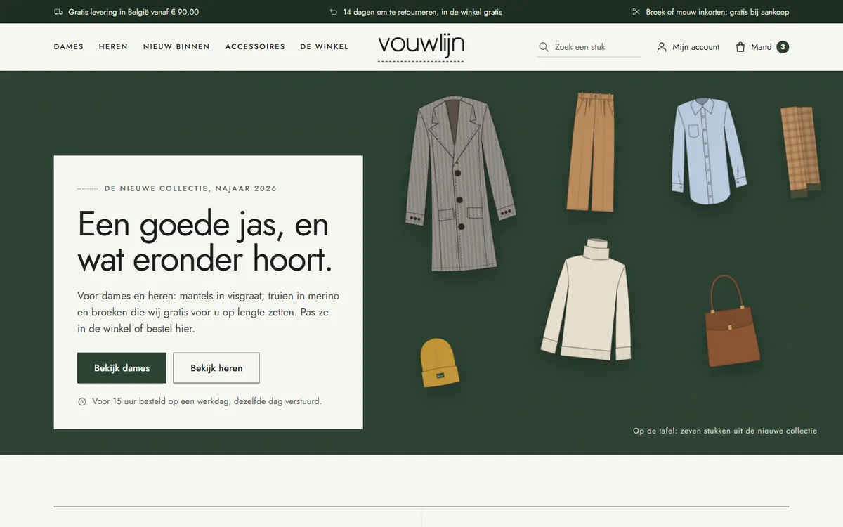 De homepagina in de webshop voor een kledingwinkel, het begin van de pagina