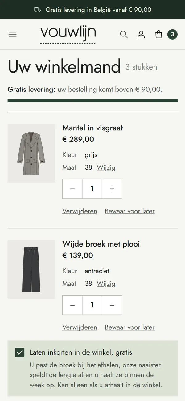 De winkelmand in de webshop voor een kledingwinkel, het begin van de pagina op een gsm