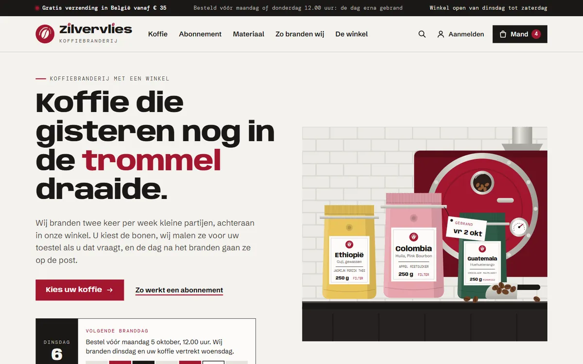 De startpagina in de webshop voor een koffiebranderij, het begin van de pagina