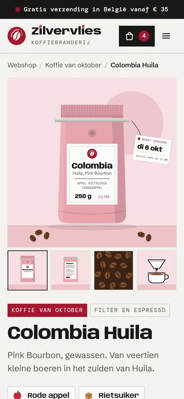 De pagina van één koffie in de webshop voor een koffiebranderij, het begin van de pagina op een gsm