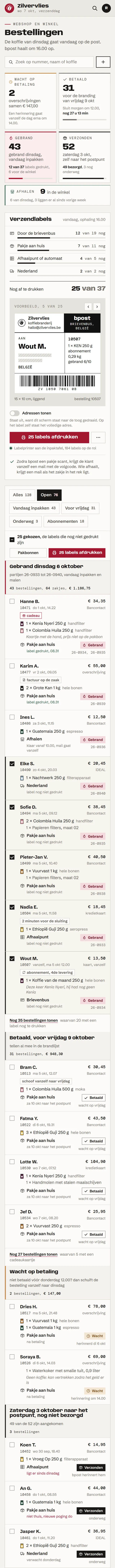 De bestellingen in het programma voor een koffiebranderij, het bovenste deel van de pagina op een gsm