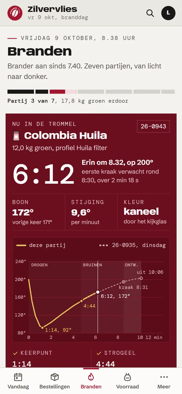 Aan de brander in het programma voor een koffiebranderij, het begin van de pagina op een gsm
