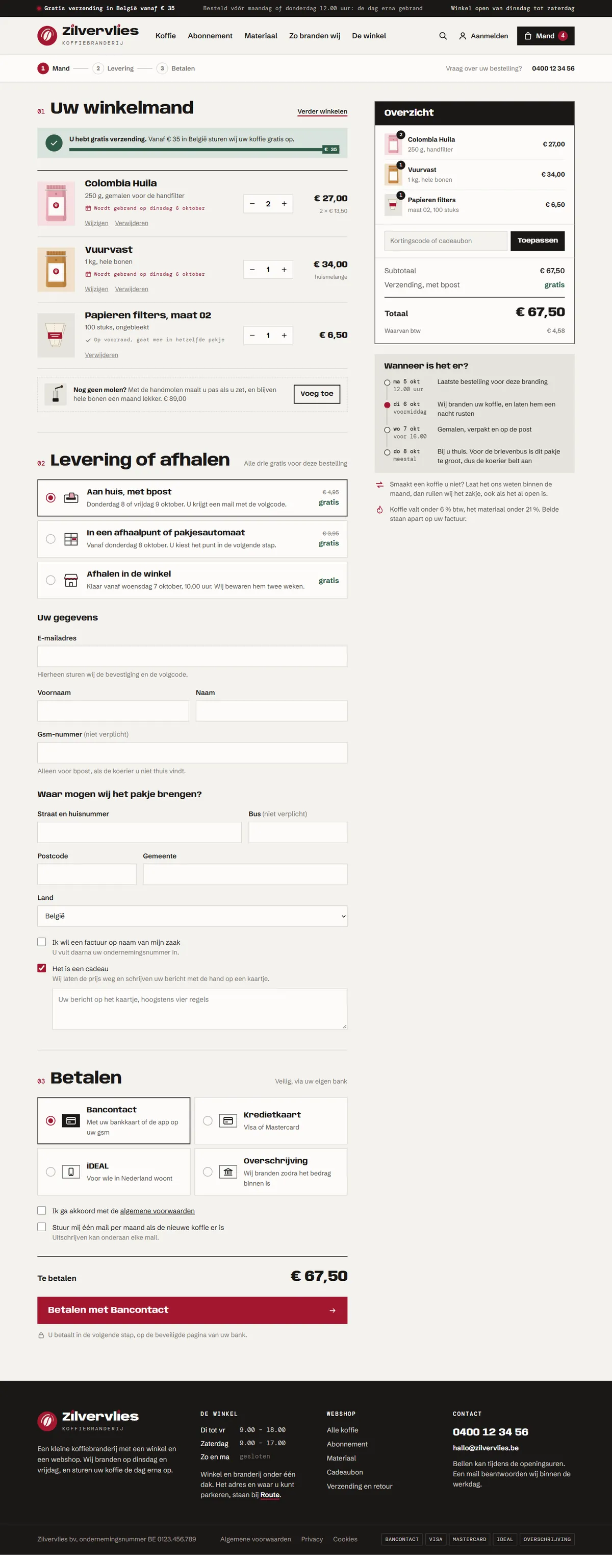De winkelmand en het afrekenen in de webshop voor een koffiebranderij, de hele pagina op een groot scherm
