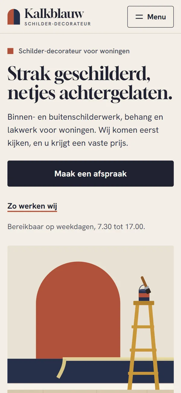 De homepagina in de website voor een schilder, het begin van de pagina op een gsm