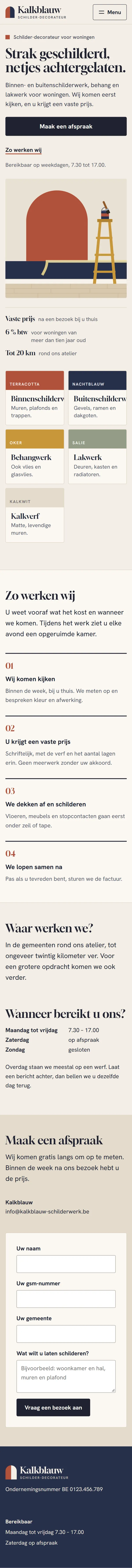De homepagina in de website voor een schilder, de hele pagina op een gsm