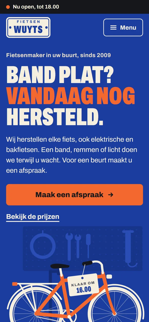 Een tweede ontwerp op een gsm: een fietsenmaker in blauw en oranje, met bovenaan of de zaak open is en een knop om een afspraak te maken.